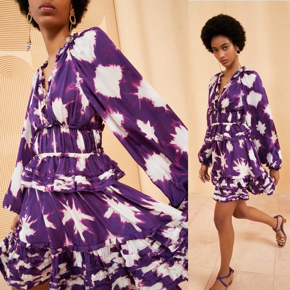 Ulla Johnson Emery Tie-Dyed Ruffle Trim Silk Mini Dress Purple/White Size 0